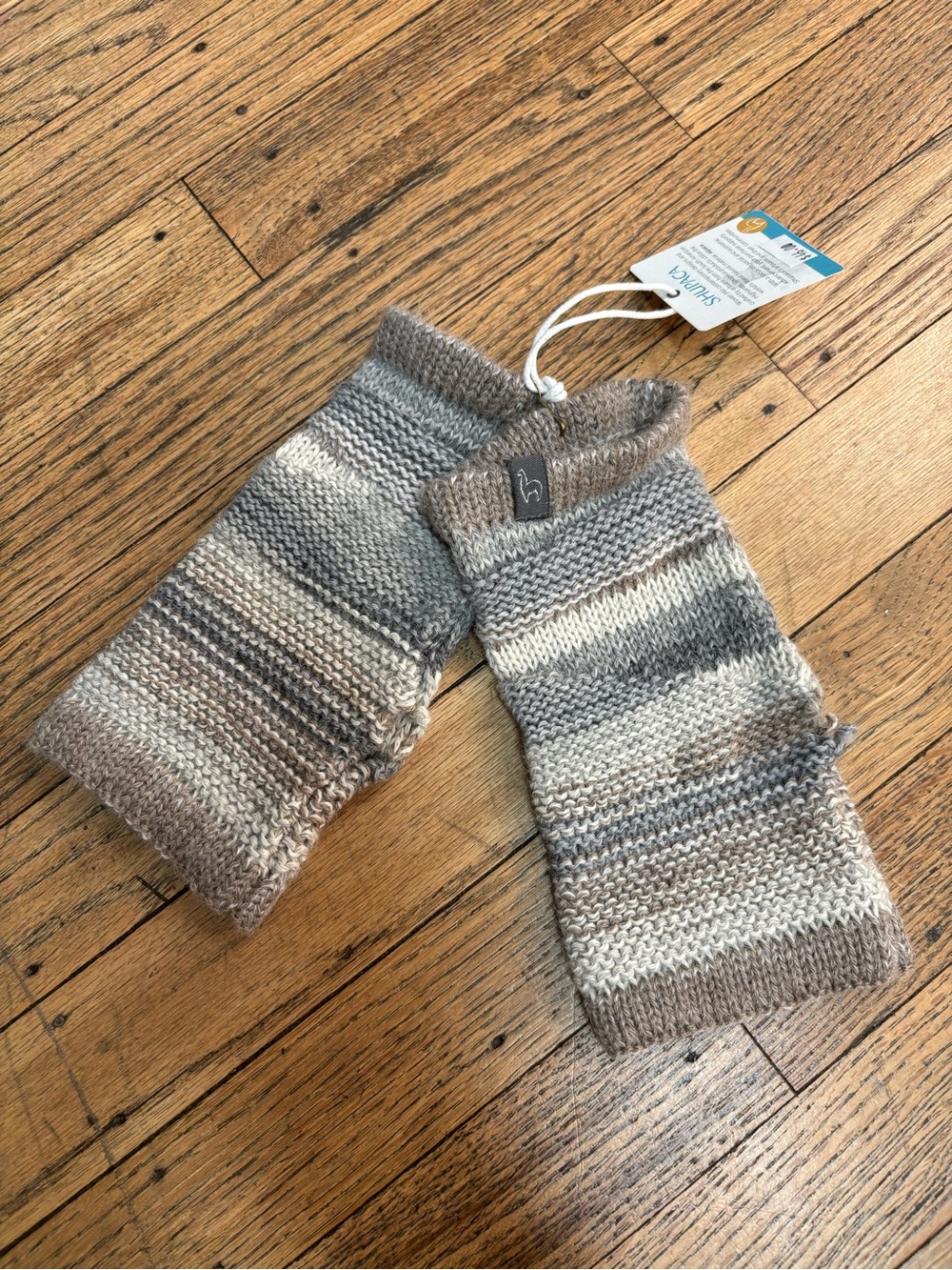 Shupaca Striped Gray & Taupe Knit Fingerless Gloves